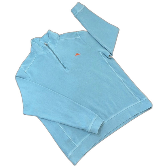Tommy Bahama Aqua Blue Quarter Zip Pullover Cotton Sweatshirt XL Marlin Logo - Picture 1 of 10